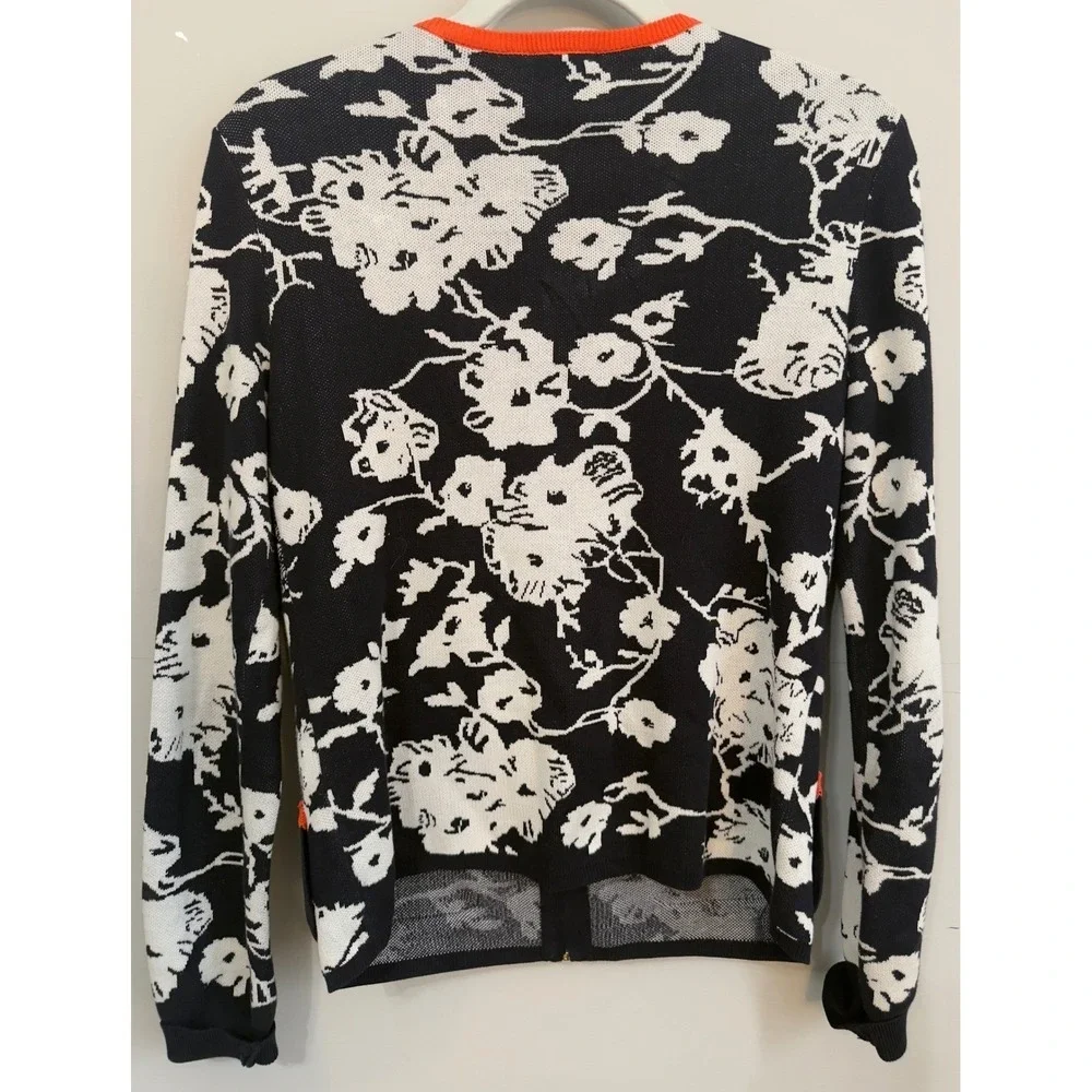 Tory Burch Women Navy White Floral Geometric Zip Front Cotton Cardigan Sweater L
